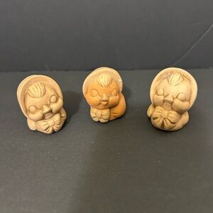 Set of Three Miniature Tan Ceramic Sleeping Birds With Bonnets Figurines